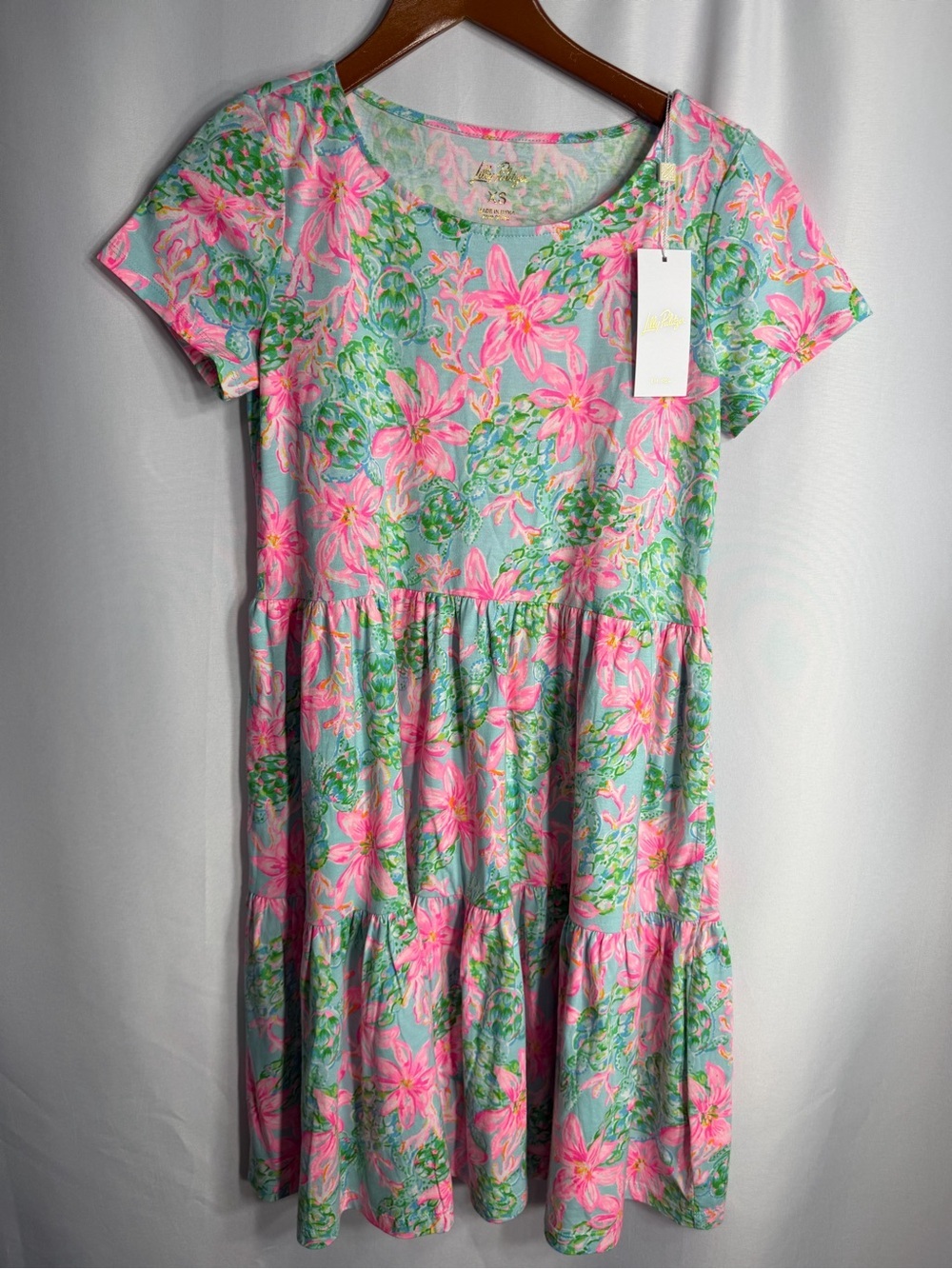 Lilly Pulitzer Pink Floral Tiered Short-Sleeve Dress on Aqua size XS new W tags
